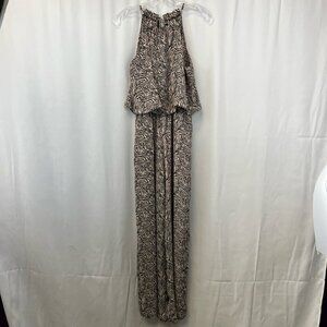 Gibson Womens Jumpsuit Beige/Black Zebra Print Halter Blouson Tie Crepe PXS